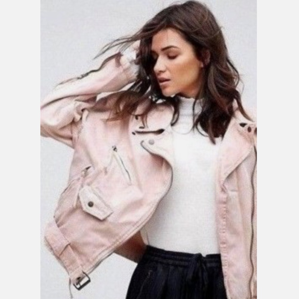 Free People Baby Pink oversized denim moto jacket with zipper and tie detail L